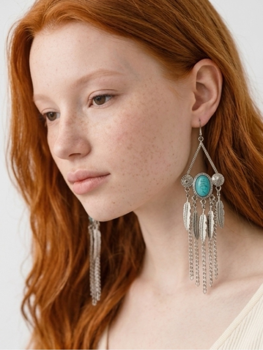 Silver-Tone Turquoise Dangle Fringe Earrings - Women Jewelry